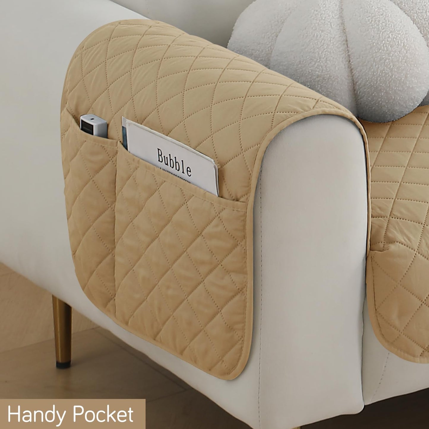 HOKIPO Quilted Waterproof Sofa Seat Mat with 2 Armrest Covers with Pockets, Camel