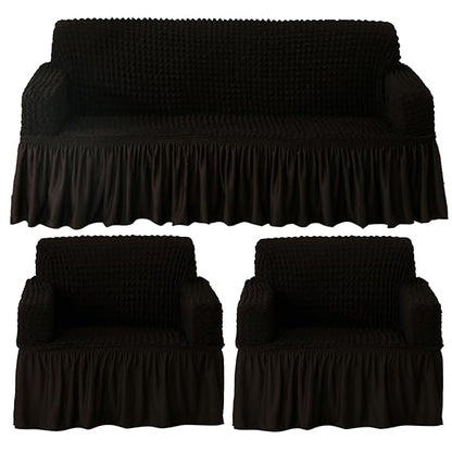 Dark Chocolate Elastic Turkish Bubble Frill sofa cover for 3+1+1 seater​ sofa set