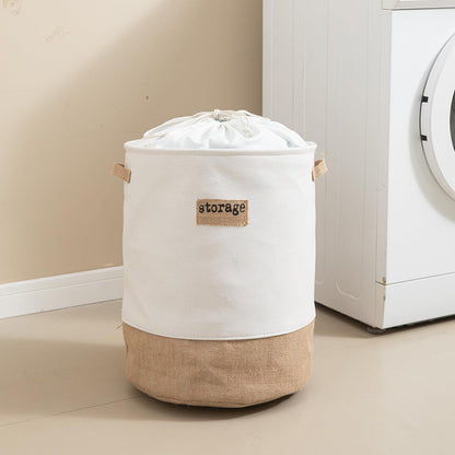 Round Collapsible Folding Laundry Basket for Clothes with Lid, White-Brown