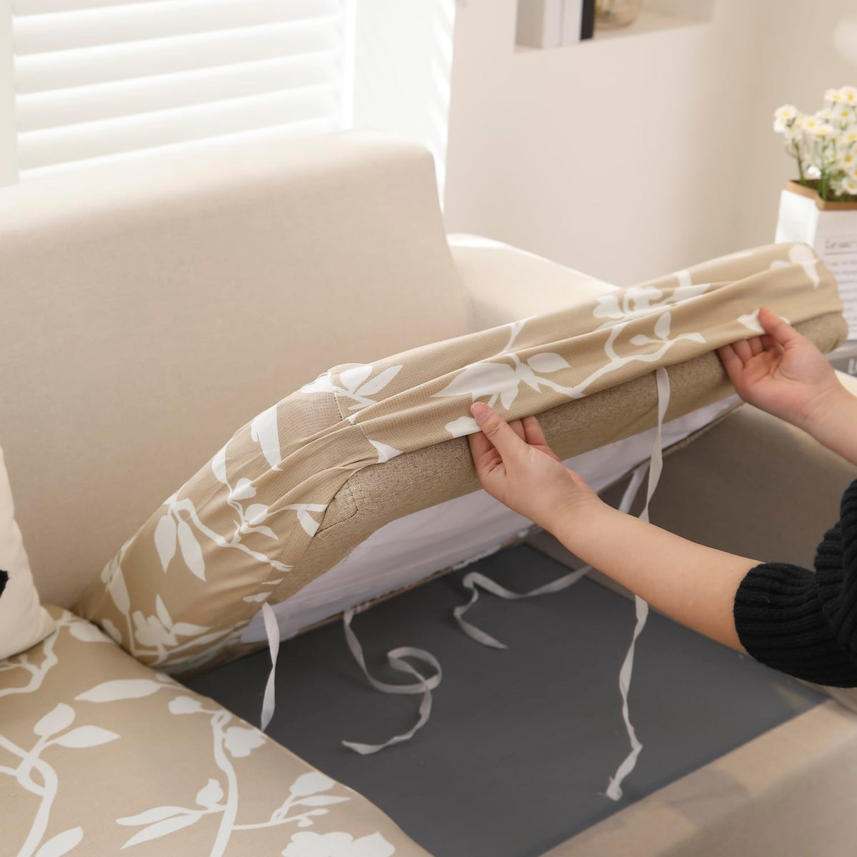 140 GSM Stretchable Printed Elastic Sofa Cushion Seat Cover for 1 /2 /3 Seaters / Pieces for Sofa, Buff Brown Sillehoute Floral