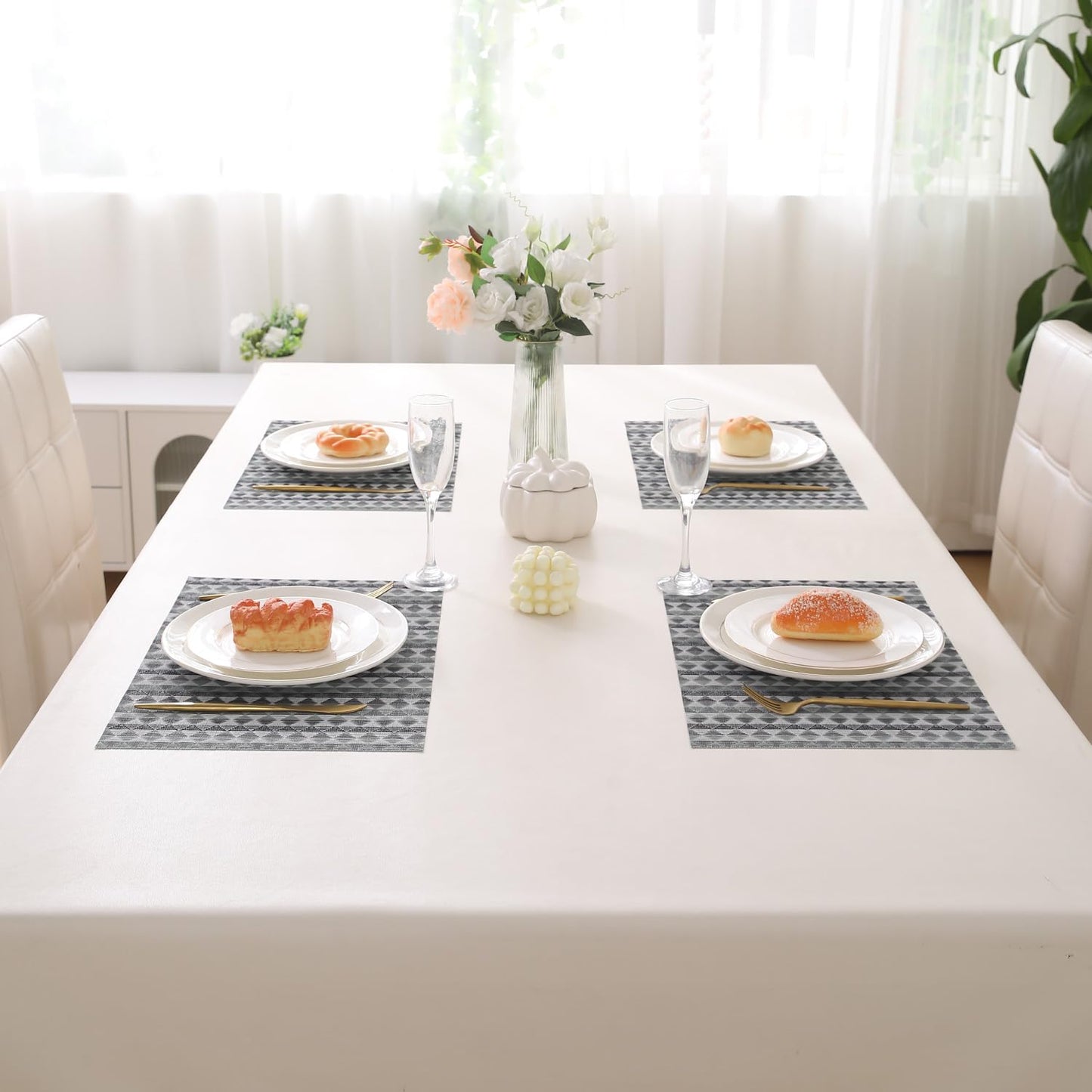 HOKIPO PVC Dining Table Mats and Runner Set of 4/6, Cool Grey Rhombus