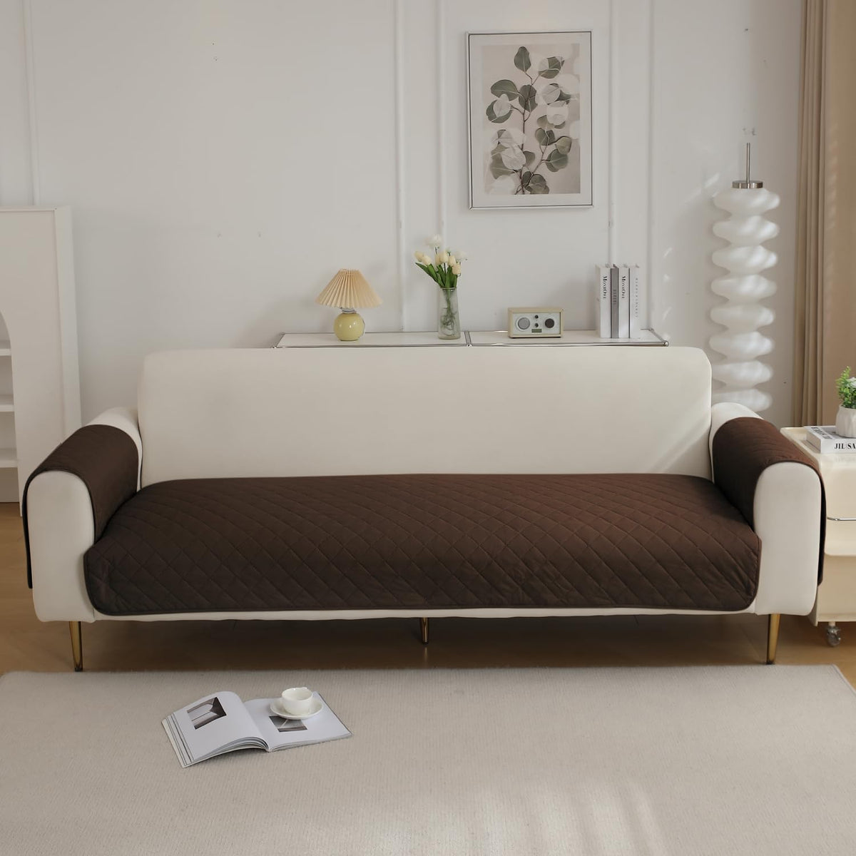 Quilted Waterproof Sofa Seat Mat for 1/2/3 Seater Sofa with 2 Armrest Covers with Pockets, Brown