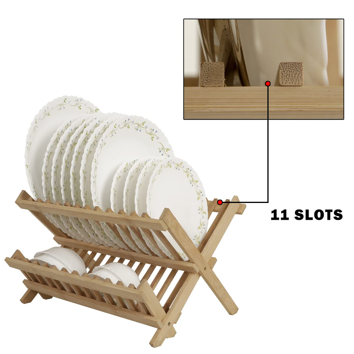 Wooden Folding 2-Tier Bamboo Plate Stands, Folded – 13x12.5x1.5", Extended – 13x9x9.5"