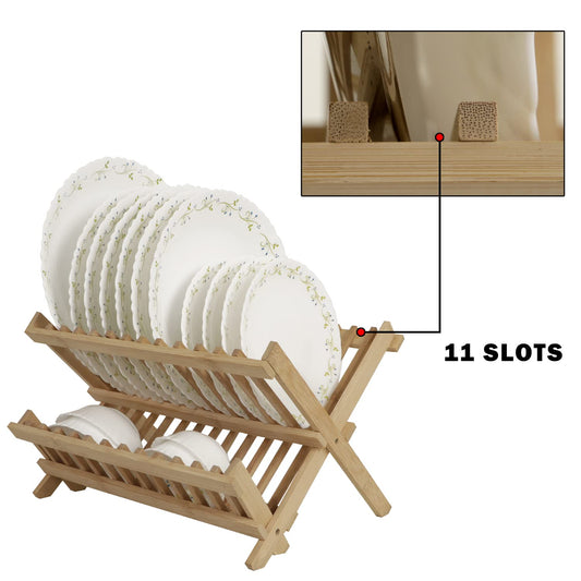 Wooden Folding 2-Tier Bamboo Plate Stands, Folded – 13x12.5x1.5", Extended – 13x9x9.5"