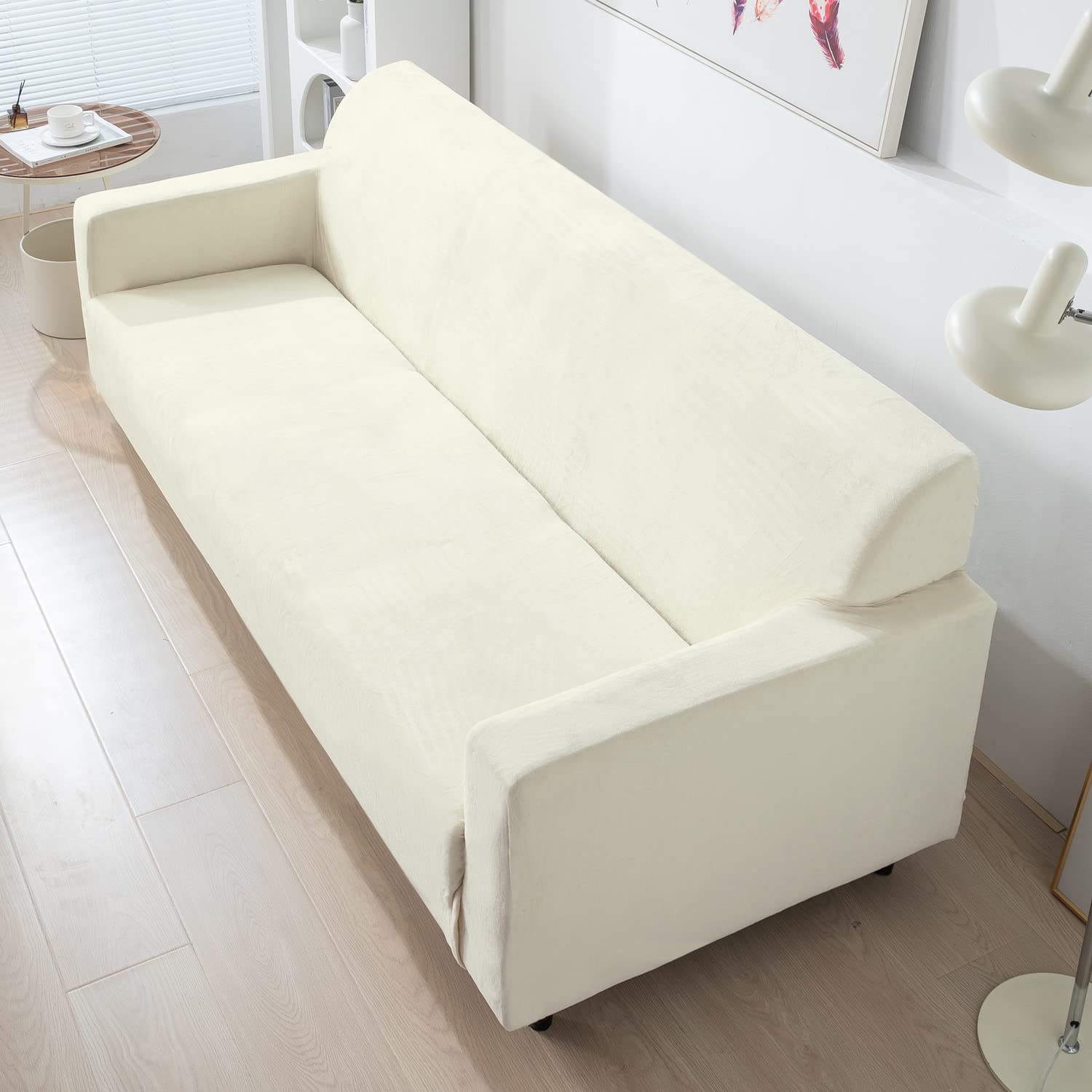 Beige four seater stretchable velvet sofa cover