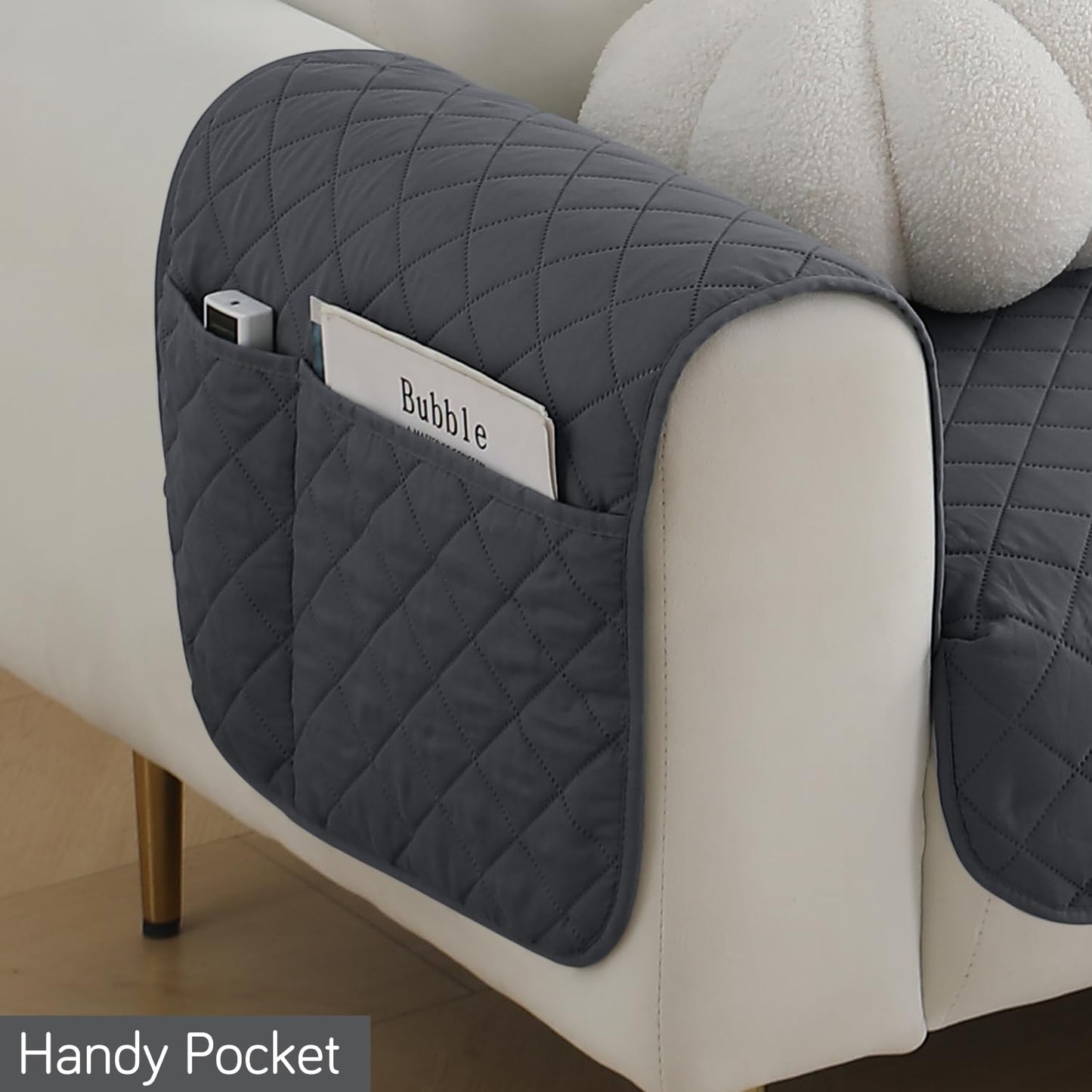 HOKIPO Quilted Waterproof Sofa Seat Mat with 2 Armrest Covers with Pockets, Dark Grey