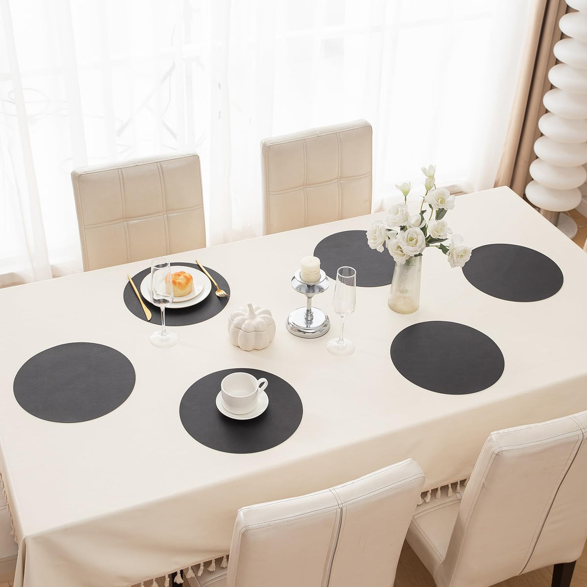 Premium Faux Leather Dining Table Round Mats, Black