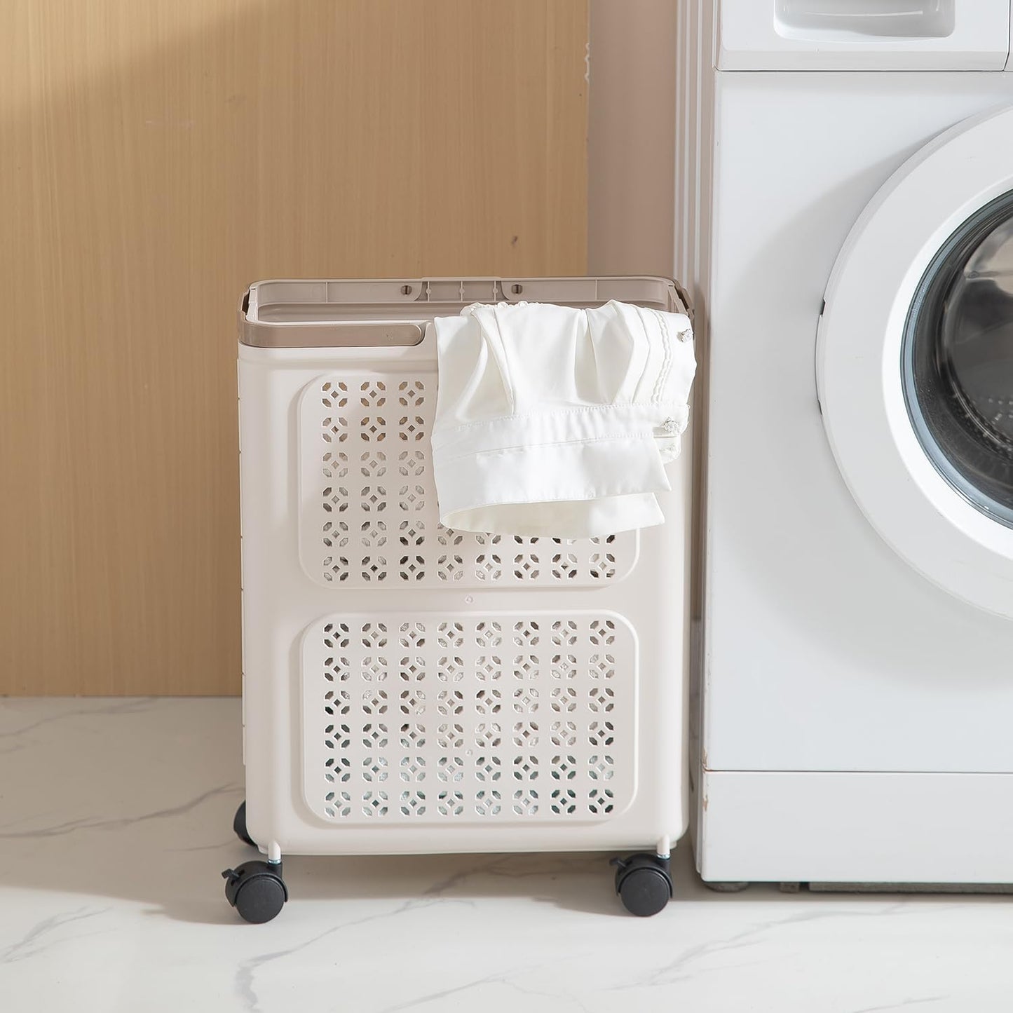 HOKIPO Foldable Laundry Basket with Wheels for Clothes, Toys & More - Beige