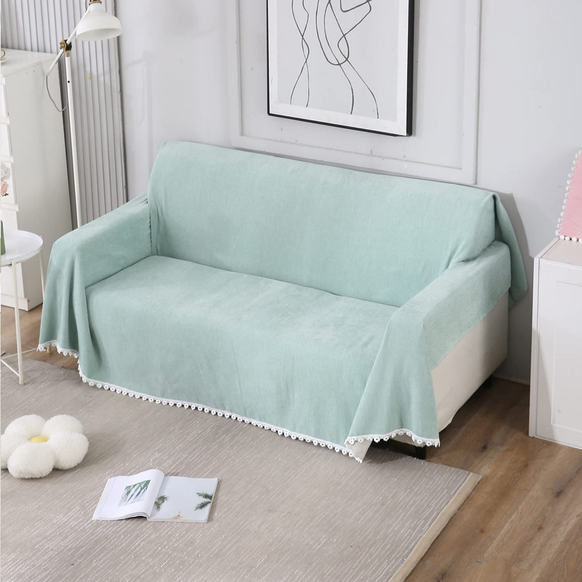 3 seater elegant Mint colour chenille sofa throw of size 180(D)x300(L)
