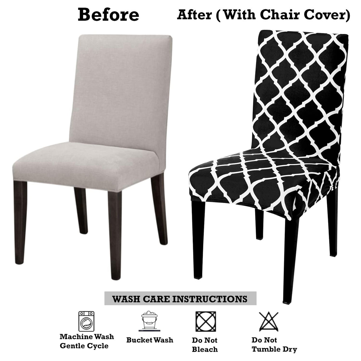 Dining chair before and after using Hokipo stretchable chair cover