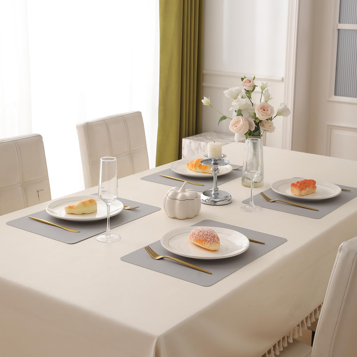 Premium Faux Leather Dining Table Mats, Light Grey