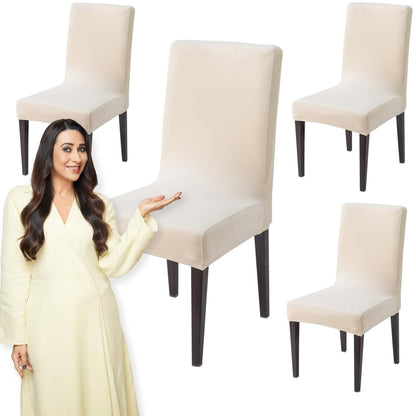 Elastic Stretchable Premium Velvet Dining Chair Cover, Beige