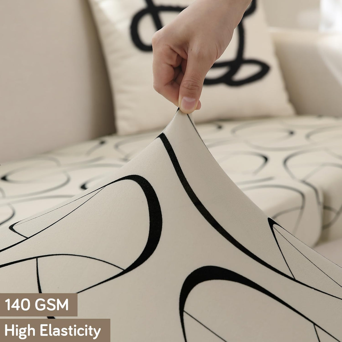 140 GSM Stretchable Printed Elastic Sofa Cushion Seat Cover for 1 /2 /3 Seaters / Pieces for Sofa, Natural Beige Abstract Art