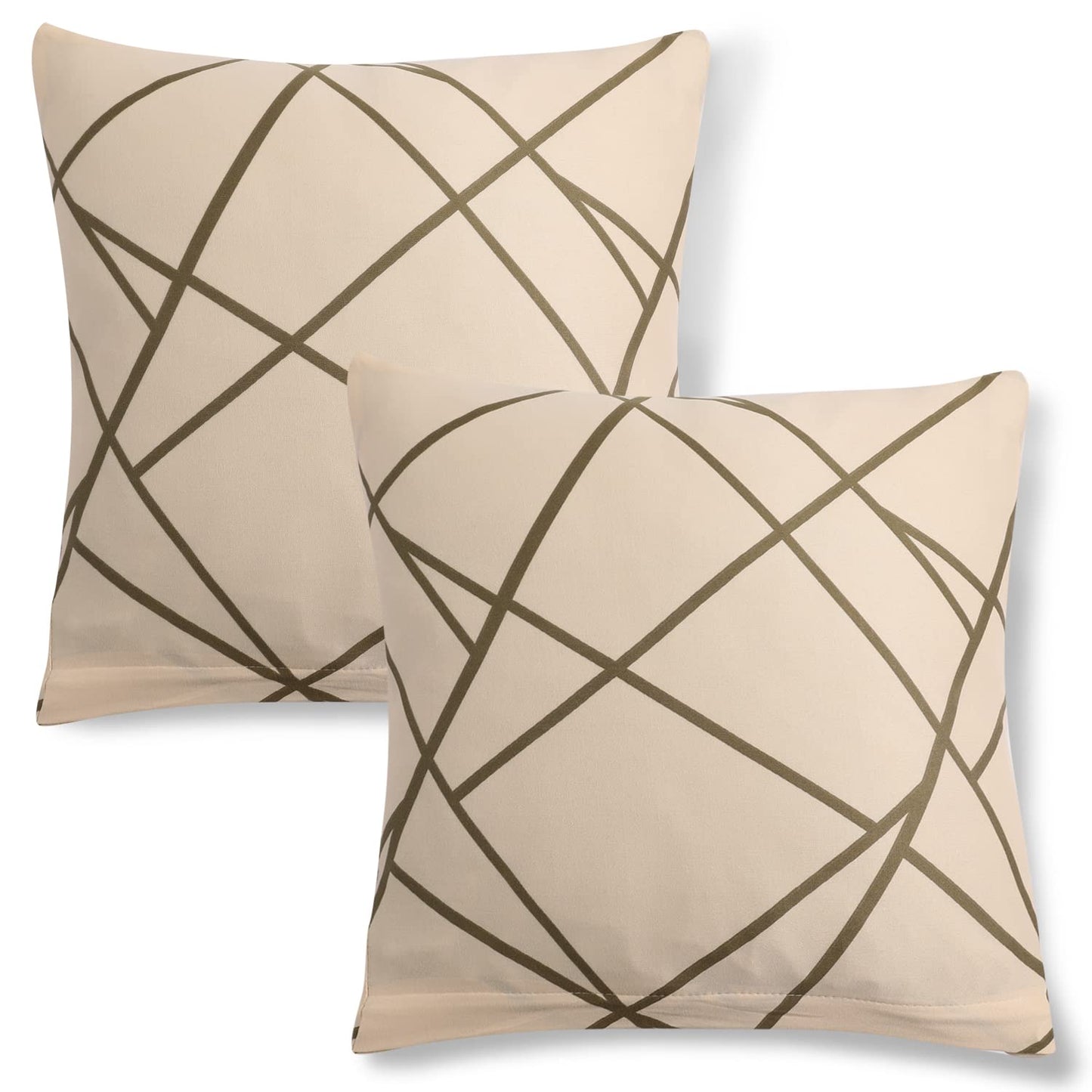 HOKIPO Stretchable Pack of 2 Cushion Cover 16x16, Beige Abstract Line