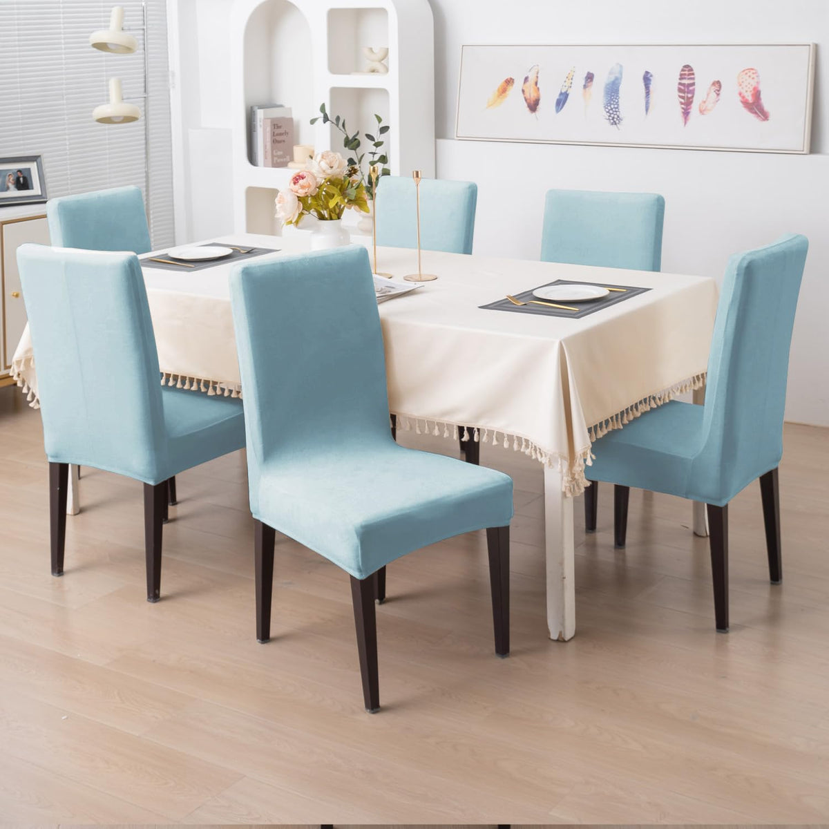 Elastic Stretchable Premium Velvet Dining Chair Cover, Sky Blue