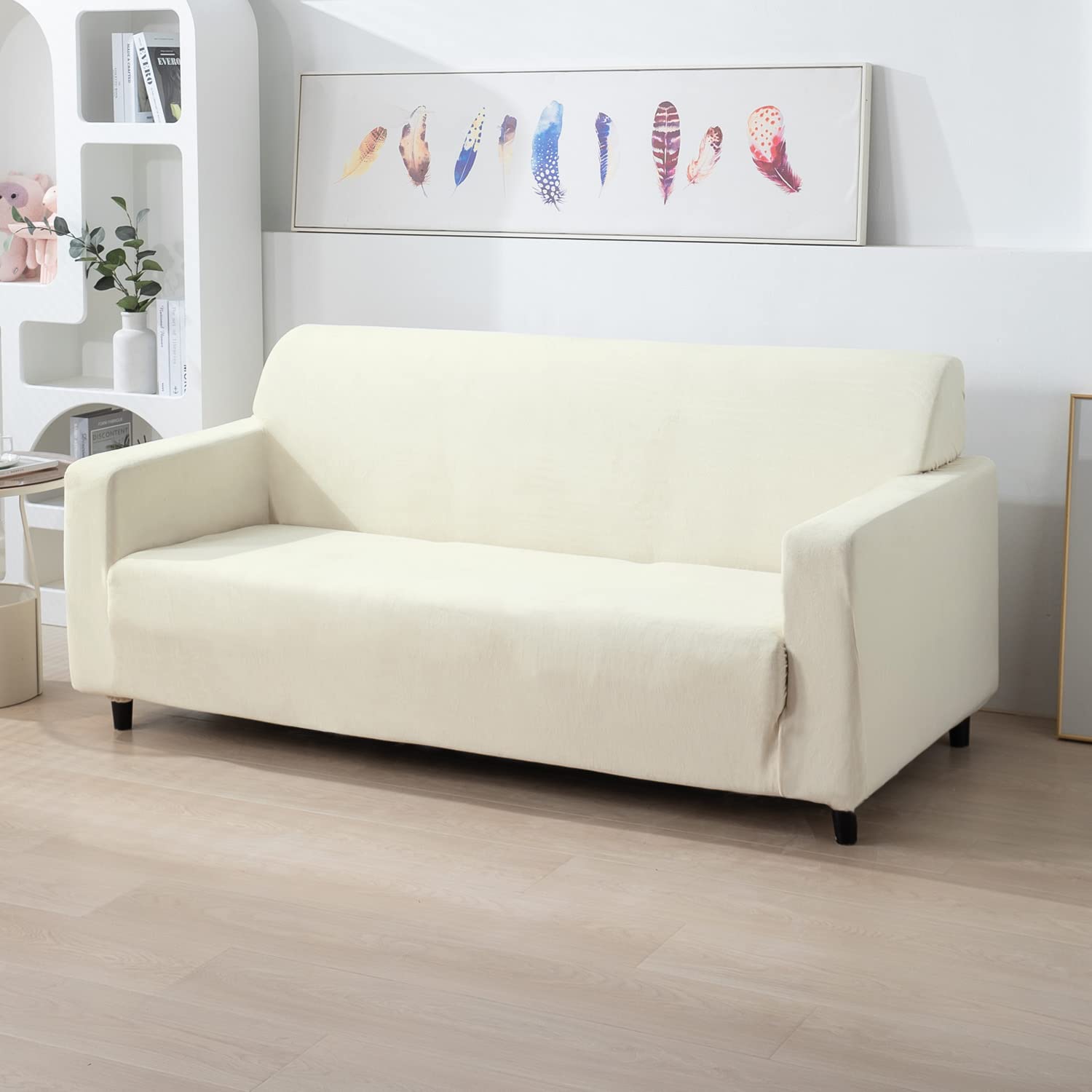 Beige stylish & premium elastic velvet 3 seater sofa cover​