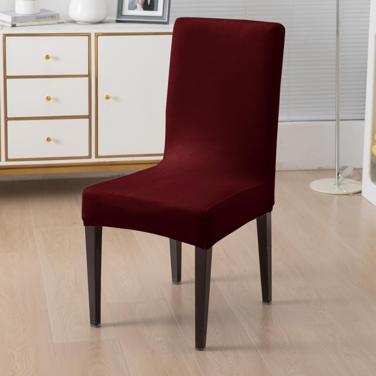 Elastic Stretchable Premium Velvet Dining Chair Cover, Burgundy