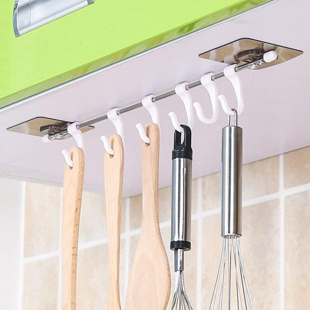 Magic Sticker Series Self Adhesive Chrome Plated Metal Hook Rail Bar for Kitchen and Bathroom, Silver