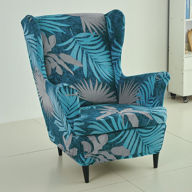 Stretchable 140 GSM Wing Chair Cover, Sea Blue Tropical Leaves