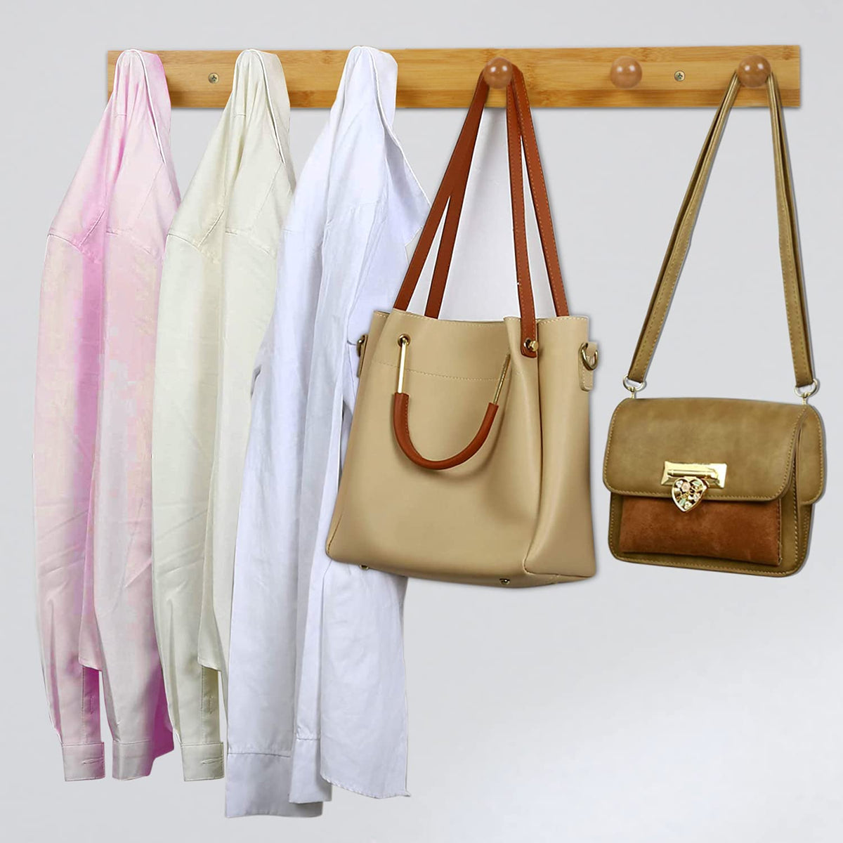 Bamboo Wooden Heavy Duty Wall Mounted Hooks for Hanging - 6 Hooks | Hook Rail for Clothes, bags, keys  & more