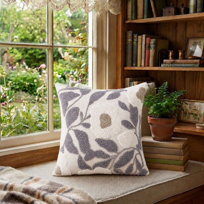 HOKIPO Abstract Floral Tufted Cushion Cover 16x16 Inch for Sofa, Lavender Grey & Ivory