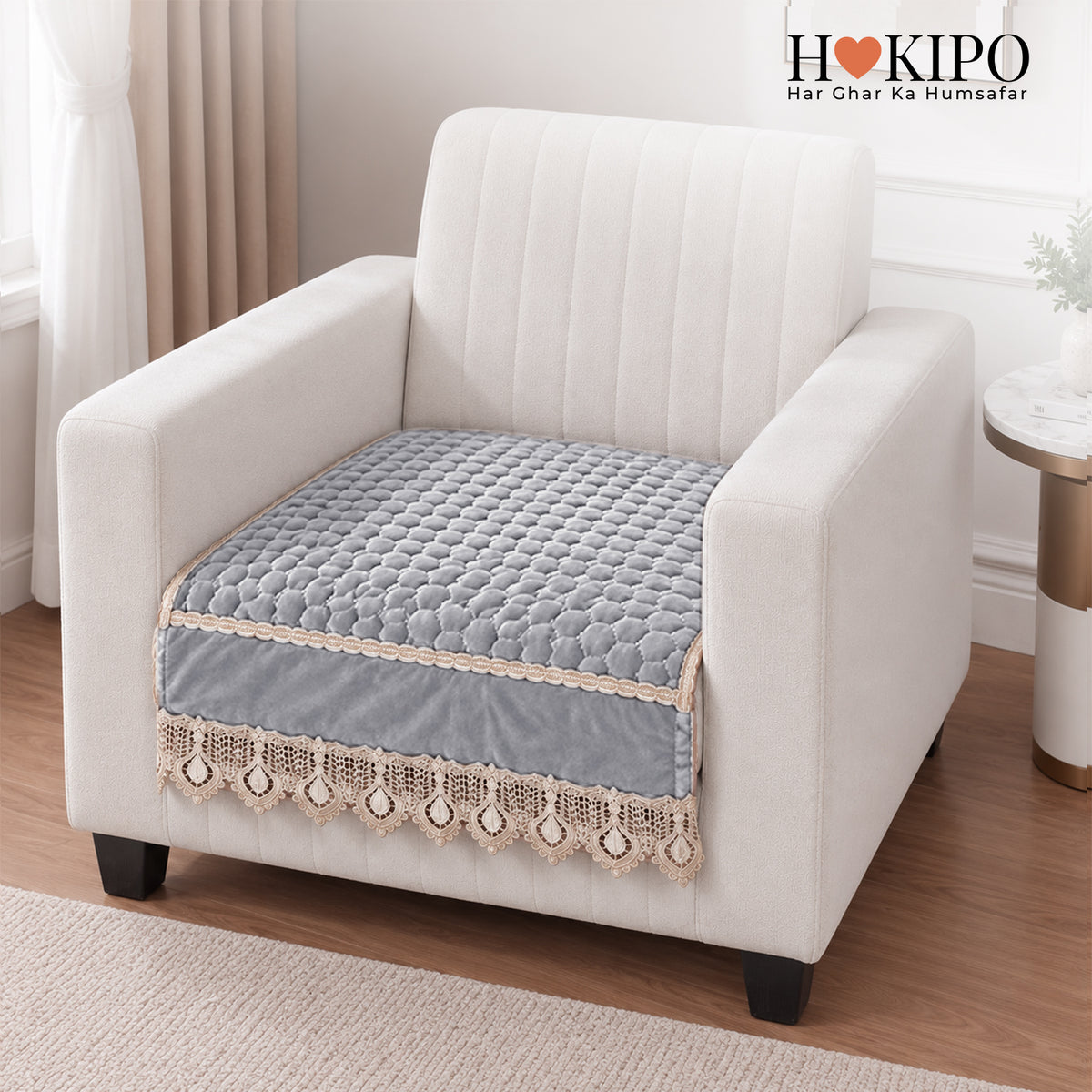 Dutch Noir Velvet with Lace Sofa Cover Mat, Light Grey
