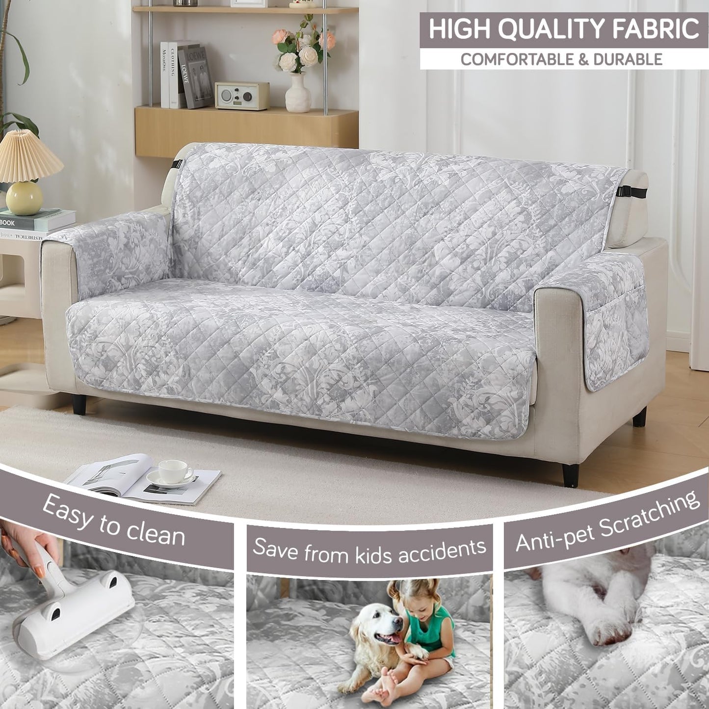 HOKIPO Quilted Waterproof Sofa Cover Mat with Pockets on Armrest Cover - Motifs Cloud Grey