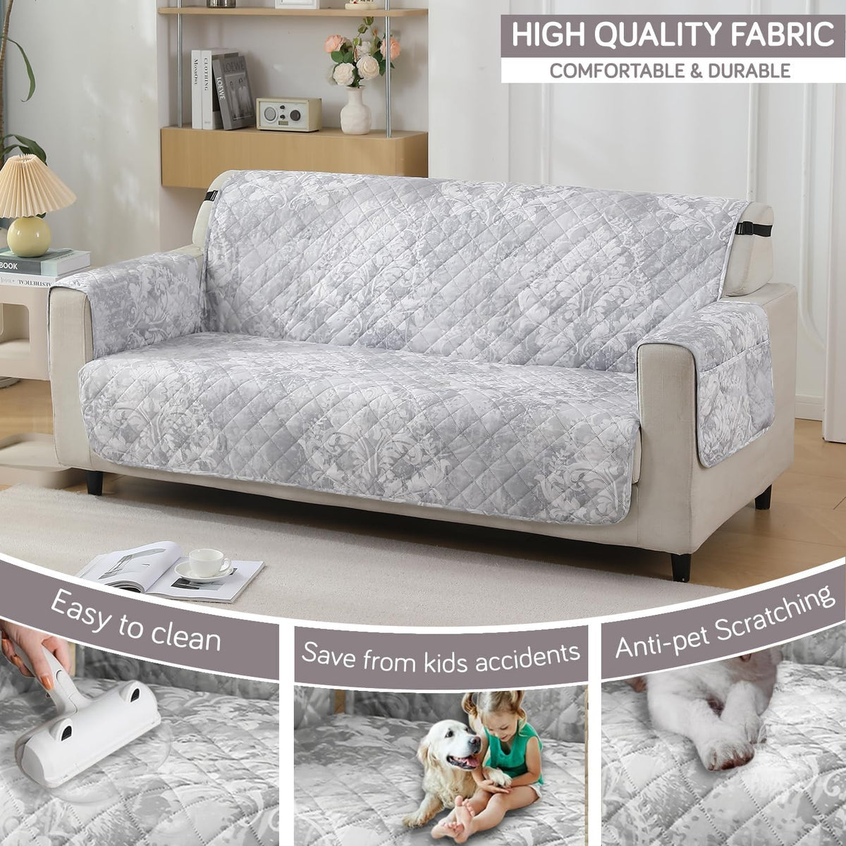 Motifs Cloud Grey print Comfortable & Durable 3 seater quilted waterproof sofa cover | Hokipo