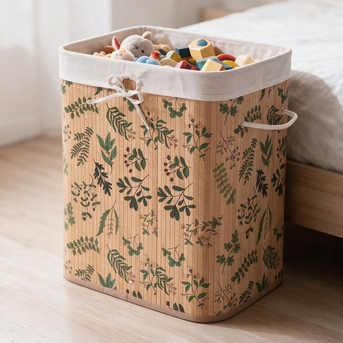 Eco-Friendly Foldable Bamboo Laundry Basket Hamper with Lid, Large - 60 Liter, Fern Leaves