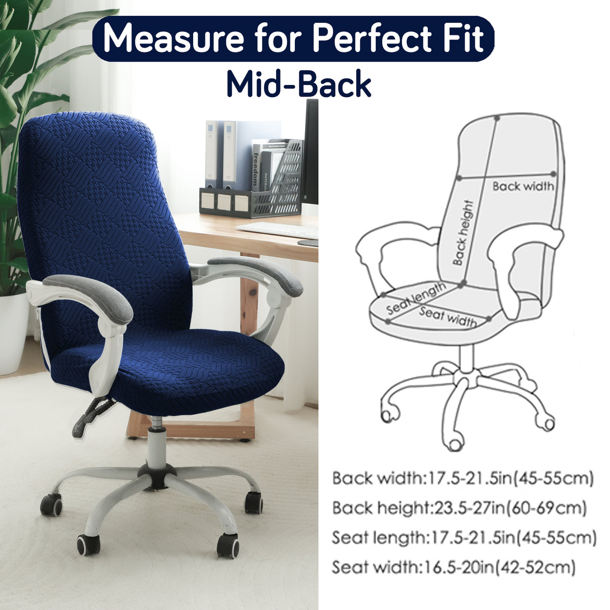 Office Chair Cover for Desk Chair (Mid-Back) – 170 GSM Stretch Jacquard – Washable, Durable & Anti-Slip – Fits Mid-Back Office Chairs, Navy Blue