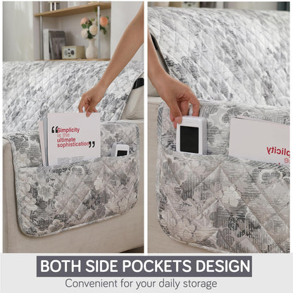 Quilted Waterproof Sofa Cover Mat with Pockets on Armrest Cover - Abstract Pale Grey