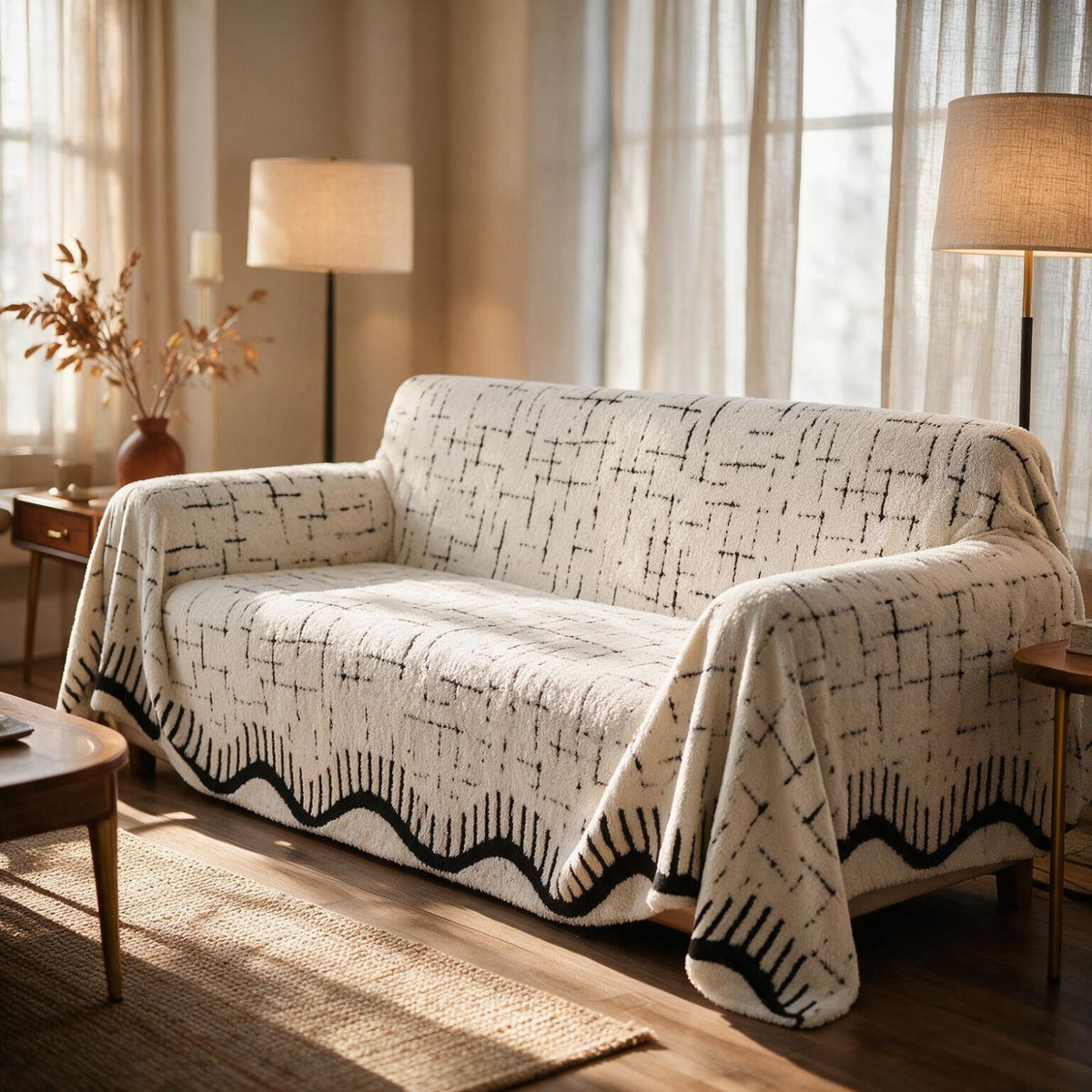 'Supple Soft Wavy' Plush Sofa Cover Throw for Complete Sofa, Off-White