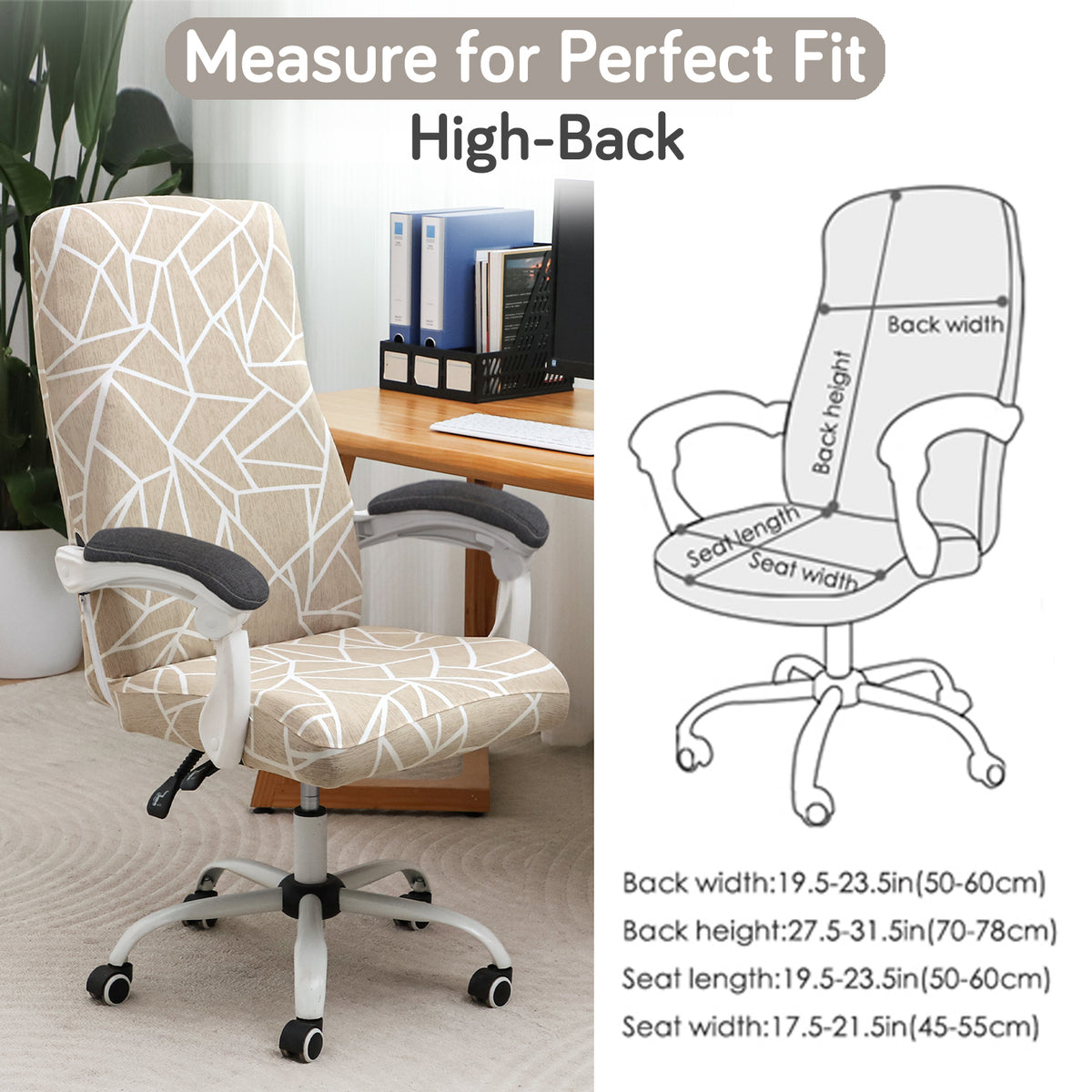 Printed Office Chair Cover for Executive Chair (High-Back) – 140 GSM Stretchable Fabric – Washable & Anti-Slip – Fits Big & Tall Office Chairs, Beige Abstract Geometry