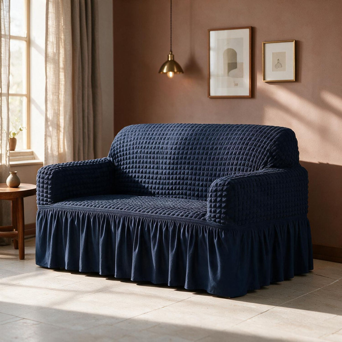 Elastic Stretchable 280 GSM Bubble Sofa Cover with Frill, Navy Blue