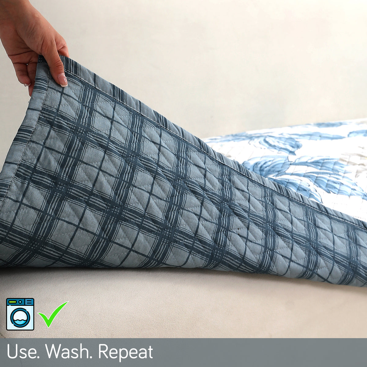 'Homehues' Printed Quilted Sofa Cover Mats, Celadon Blue Camellia