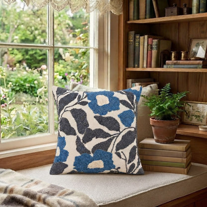 HOKIPO Abstract Floral Tufted Cushion Cover 16x16 Inch for Sofa, Blue & Grey