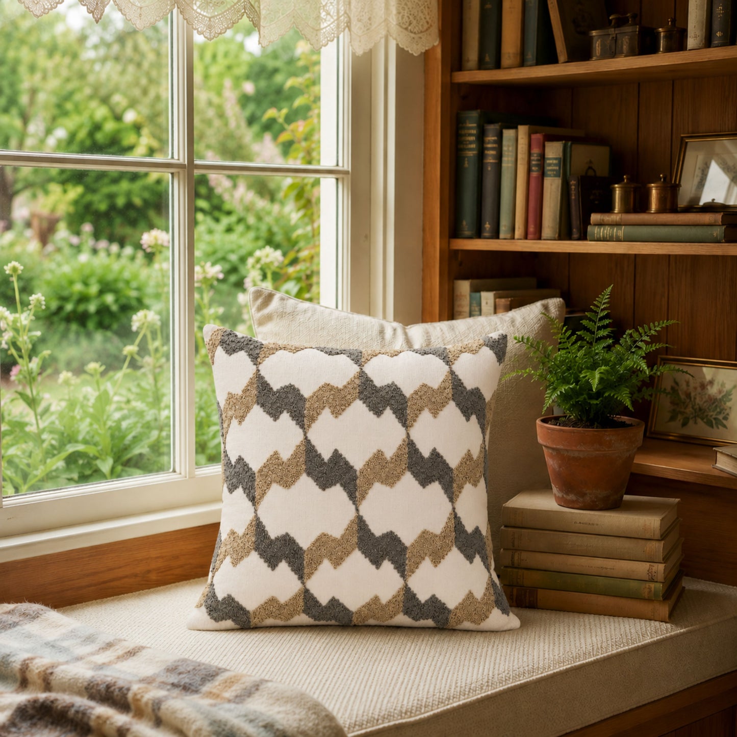 HOKIPO Embroidered Cushion Cover 16x16 Inch for Sofa, Beige & Charcoal