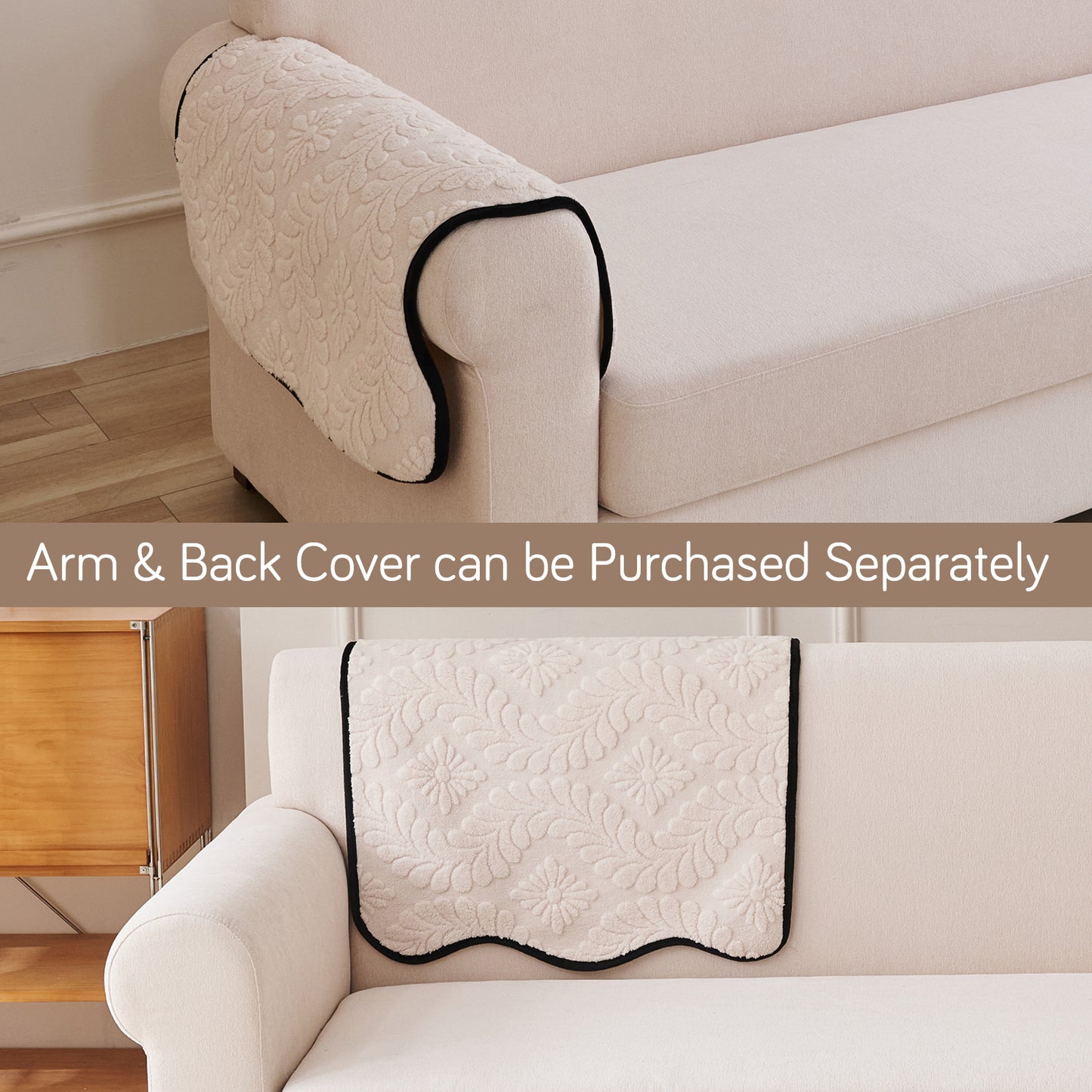 Embossed Floral Jacquard Anti-Slip Sofa Cover Mat, 'Wavy Petal Crest Series' Light Cream