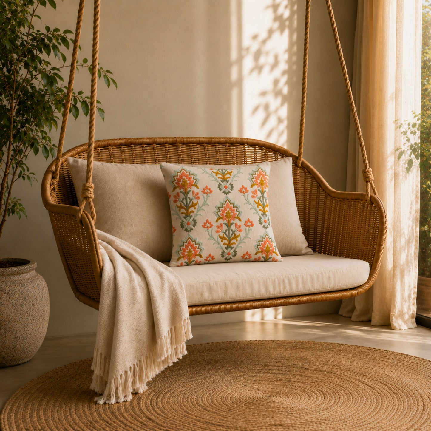 HOKIPO Heritage Bloom Embroidered Cushion Cover 16x16 in, Orange & Ivory
