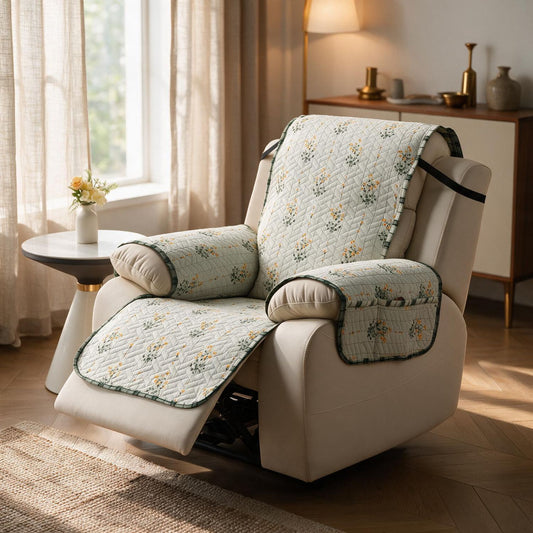 Quilted Cover for Recliner Sofa with SecureFit Belt & Side Pocket, Light Green Ash Gypsy Flower