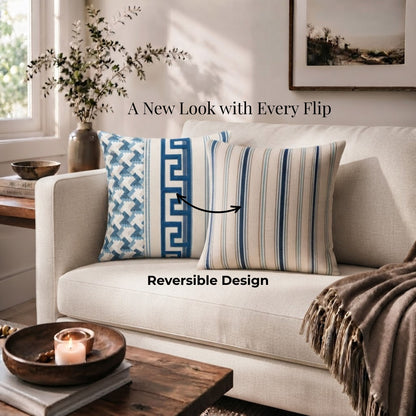 HOKIPO Modern Pattern Cushion Cover | 16x16 Inch | Modern Throw Pillow Cover, Blue & Ivory