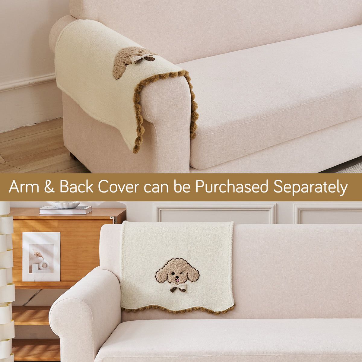 CloudHug Plush Sofa Cover Mat with PomPom and Wavy Edges, Ivory Cream