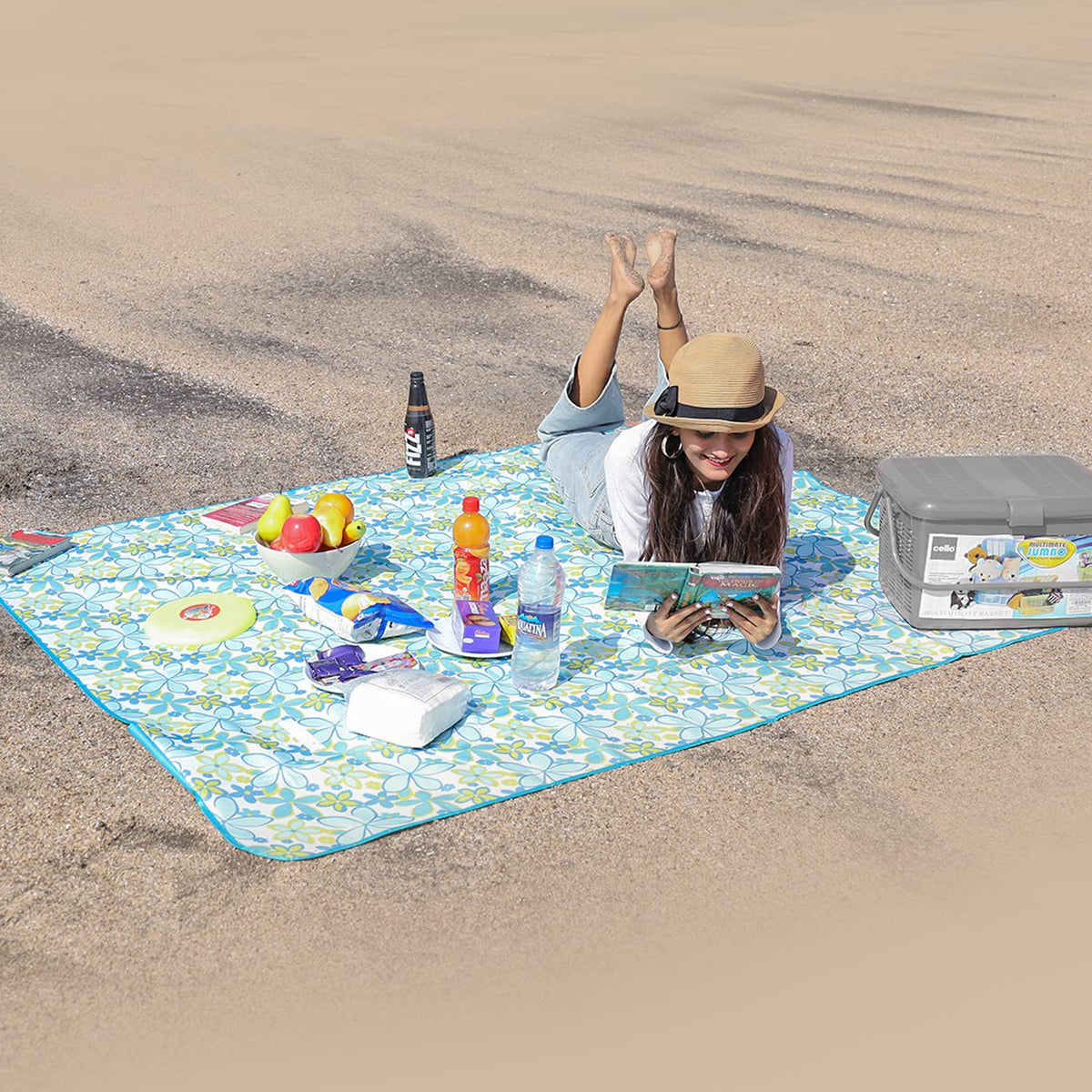 Foldable Waterproof and Sandproof Picnic Mat Blanket, Floral Blue