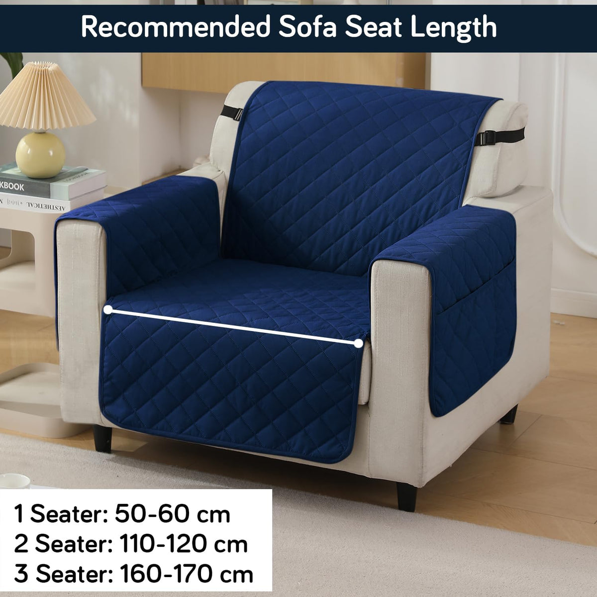 Navy Blue colour single seater quilted waterproof sofa mat | Hokipo