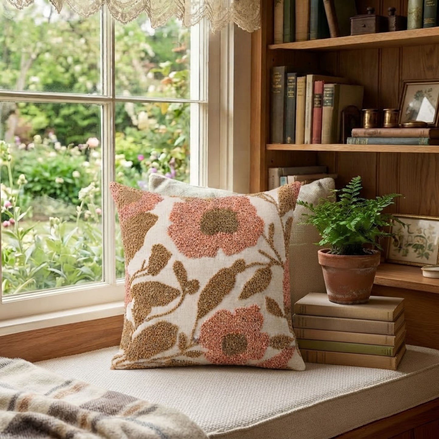 HOKIPO Abstract Floral Tufted Cushion Cover 16x16 Inch for Sofa, Pink & Beige