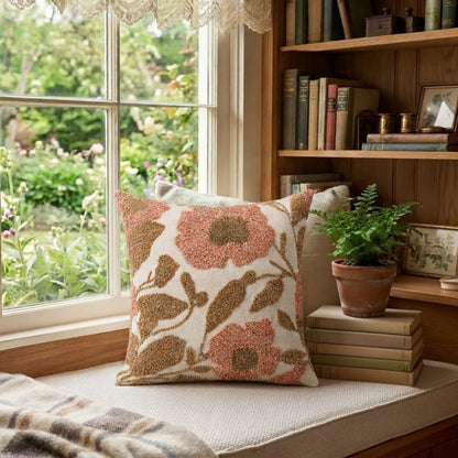 HOKIPO Abstract Floral Tufted Cushion Cover 16x16 Inch for Sofa, Pink & Beige