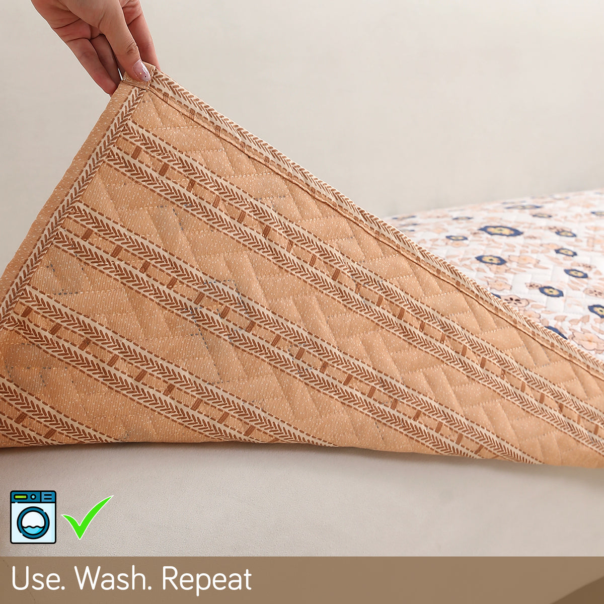 'Homehues' Printed Quilted Sofa Cover Mats,Light Peach Candytuft
