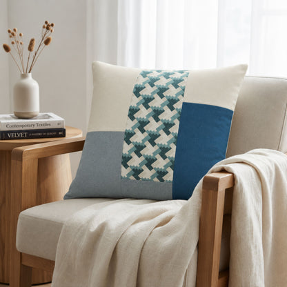 HOKIPO Color Block Geometric Cushion Cover | 16x16 Inch | Modern Throw Pillow Cover, Blue and Ivory