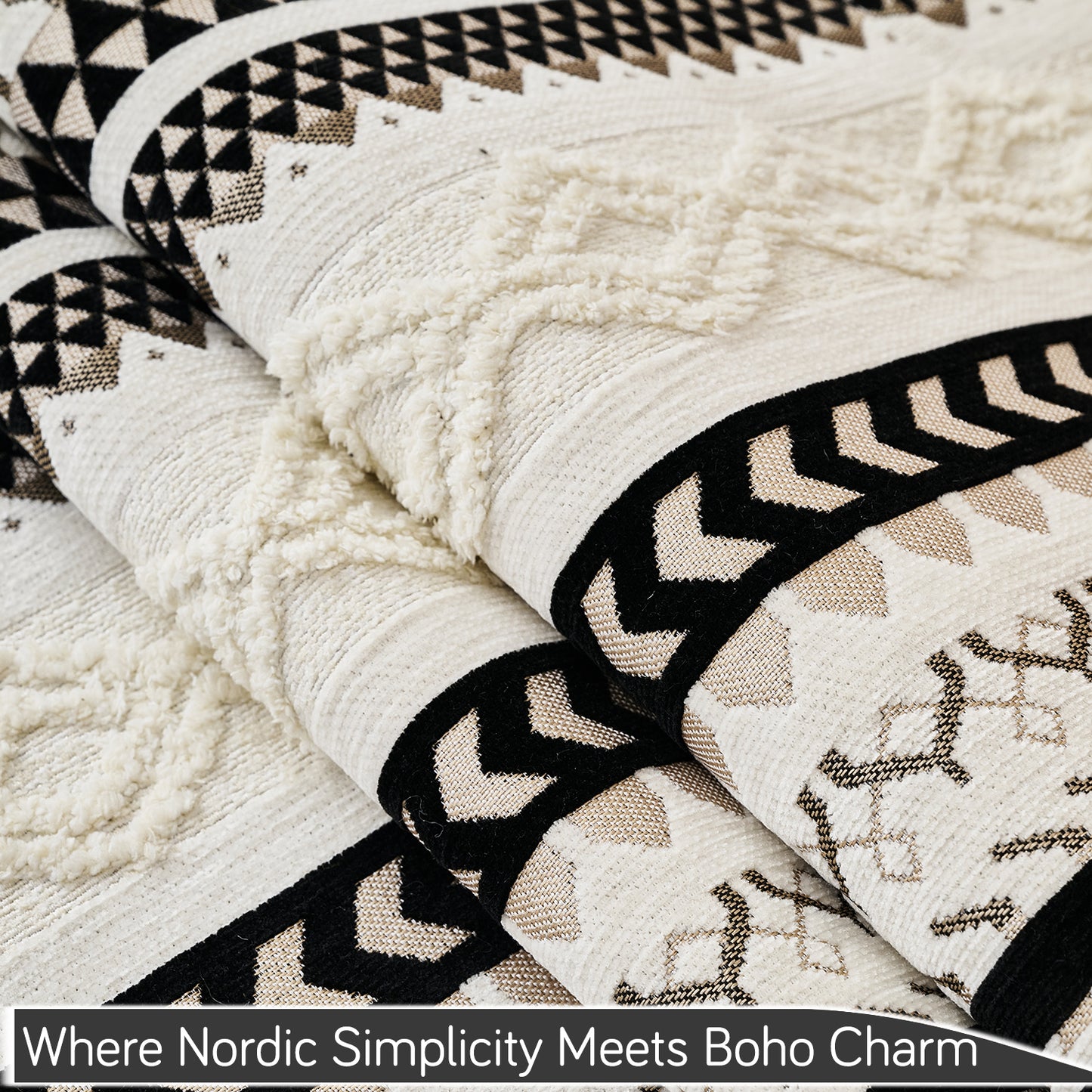 Nordic Boho Geometric Sofa Cover Mat with Tassel, 'Nordic Tassel Series'  Aurora Black