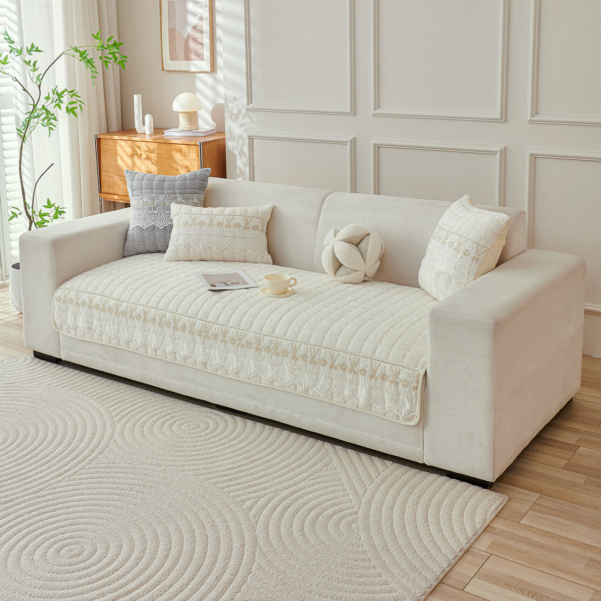 Premium Milk Velvet Sofa Cushion Cover with Lace Design, Pearl White